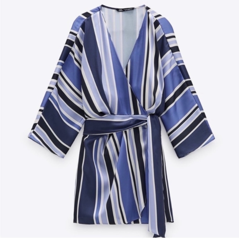 Zara Blue White Striped Wrap Lined Romper Size Small - Picture 3 of 16